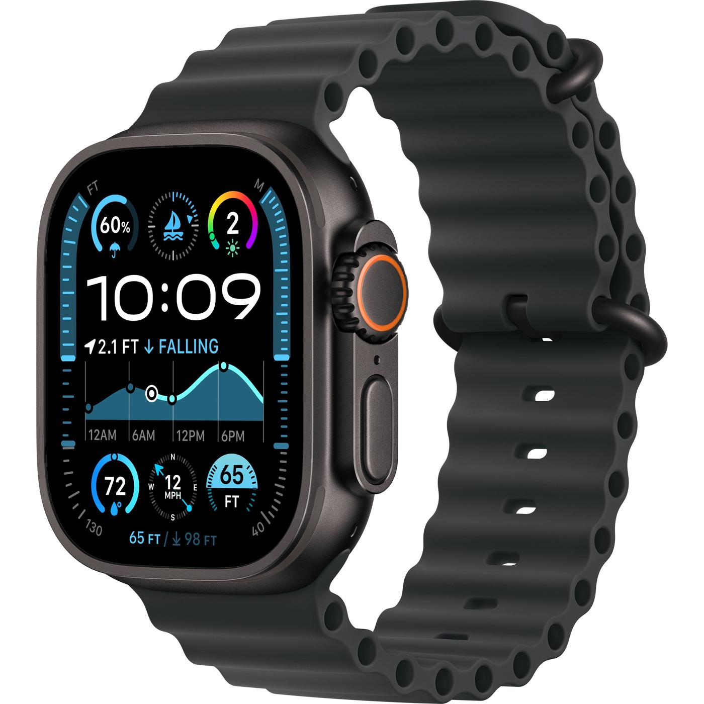 Apple Watch Ultra 2, GPS + LTE 49 mm Titanium Black Titanium Case Black Ocean Band mx4p3 · Б/у — фото моделі